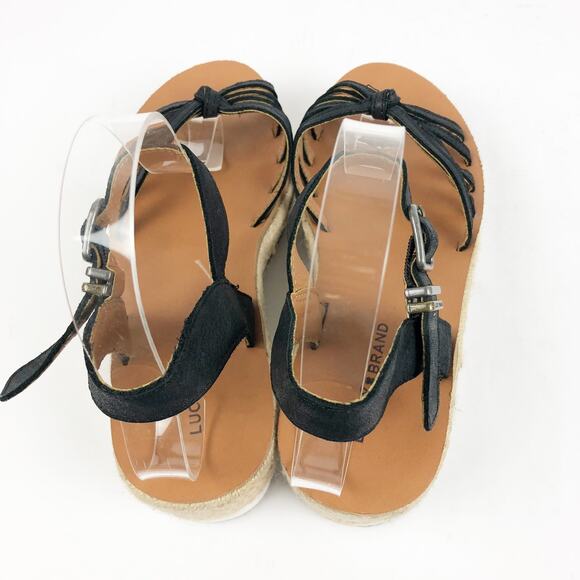 Lucky Brand Womens Juniffer Sandals 7 Black Leather Espadrille Wedge - Picture 8 of 10